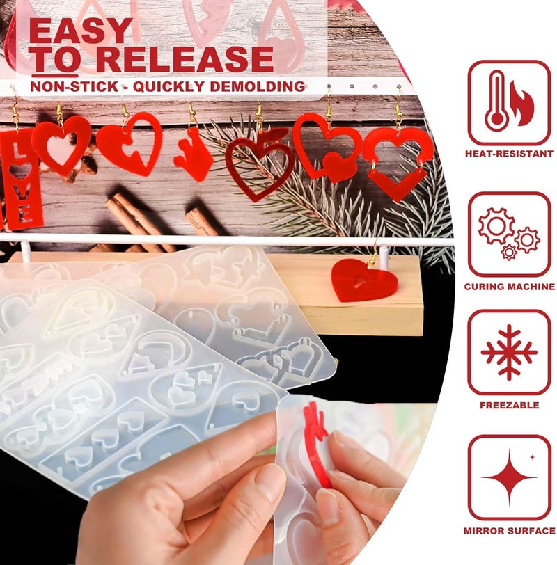 ZQYSING 4 Pack Resin Earring Molds with Holes, Resin Jewelry Molds Variety Heart Lips Crown Keys Lock Waterdrop Musical Notes Love, Shape Silicone Earring Pendant Bracelet Charm Mold - Image 3